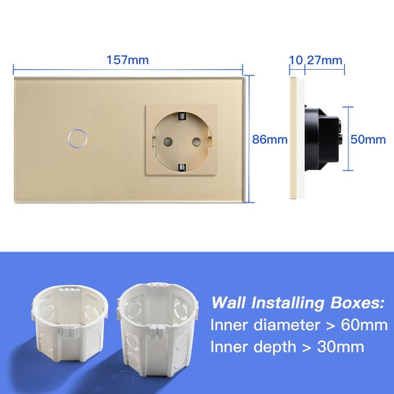 BSEED Touch Lichtschalter mit Steckdose aus Glas, Modern Steckdosen Unterputz, Wandschalter mit LED Hinterlicht (Kein Neutralleiter erforderlich), Kein WLAN, 157mm 1 Fach 2 Wege Gold