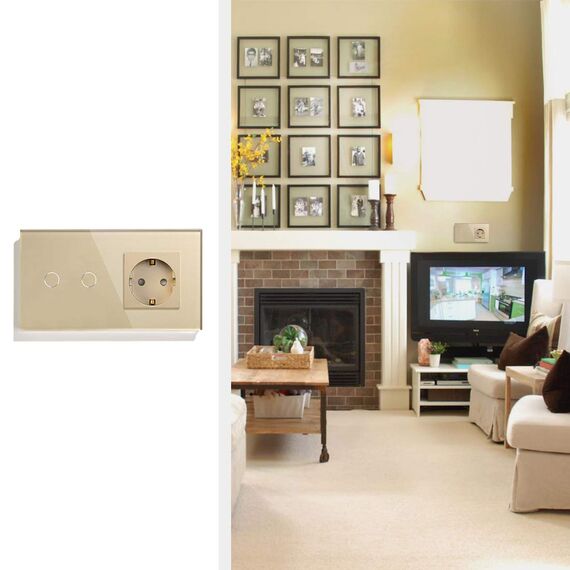 BSEED Touch Lichtschalter mit Steckdose aus Glas, Modern Steckdosen Unterputz, Wandschalter mit LED Hinterlicht (Kein Neutralleiter erforderlich), Kein WLAN, 157mm 2 Fach 2 Wege Gold