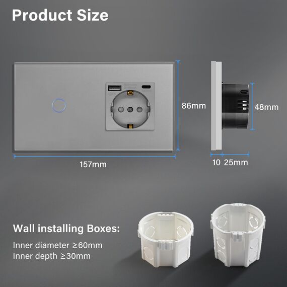 BSEED Touch Lichtschalter mit Steckdose USB C aus Glas, Modern Steckdosen Unterputz, Wandschalter mit LED Hinterlicht (Kein Neutralleiter erforderlich), Kein WLAN, 157mm 1 Fach 2 Wege Grau