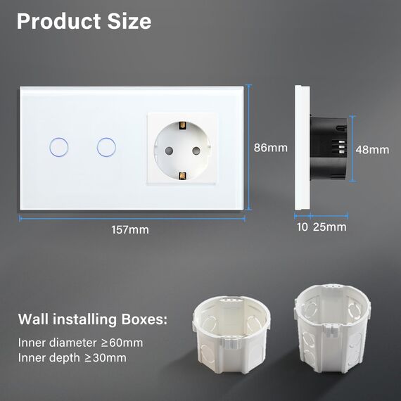 BSEED Lichtschalter mit Schuko Steckdose Glas, unterputz, 16 Amp CEE steckdosentresor, 2 Fach 1 Weg Touch Wandleuchtenschalter Weiss, Flacher wechselschalter, Modern, Wasserdicht Innenschalter
