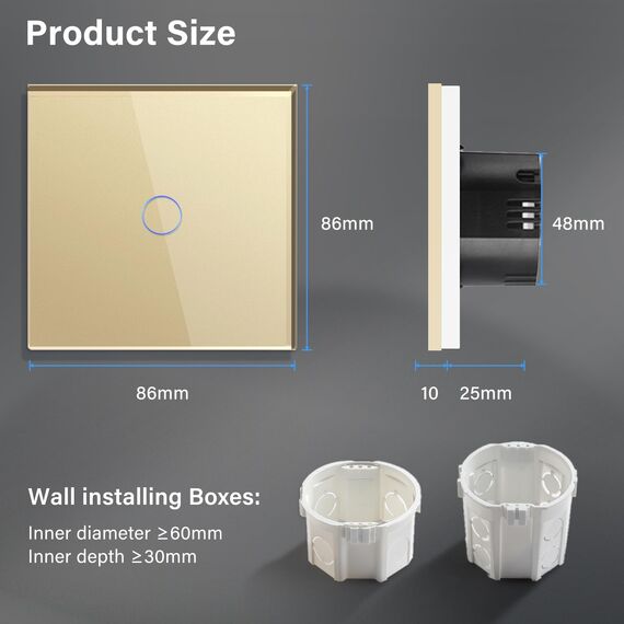 BSEED Touch Lichtschalter aus Glas, Modern Schalter Unterputz, Wandschalter mit LED Hinterlicht (Kein Neutralleiter erforderlich), KEIN WLAN, 86mm 1 Fach 1 Weg Gold