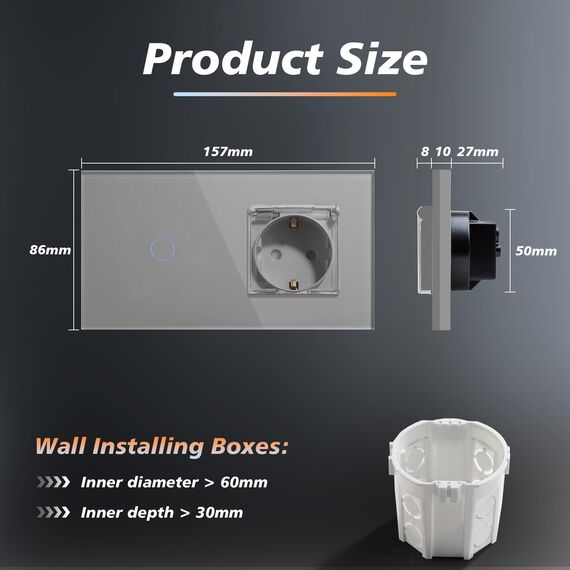 BSEED Lichtschalter mit Steckdose, Glas Wandsteckdose mit Wasserdichter Abdeckung, (Kein Neutralleiter erforderlich), Kein WLAN, 1 Fach 2 Wege, 157mm Grau