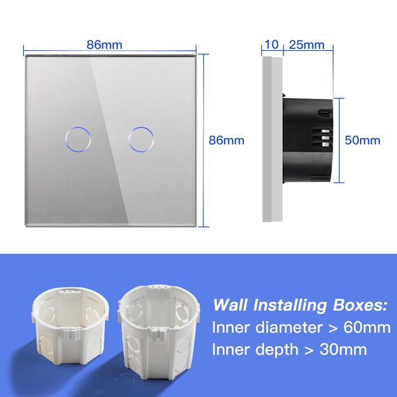 BSEED Normal Touch Schalter Standard Hohe Energie Glas Berührung Wandlichtschalter 110V - 240V Gehärtete Kristallplatte mit LED Hintergrundbeleuchtung 2 Fach 2 Weg Grau
