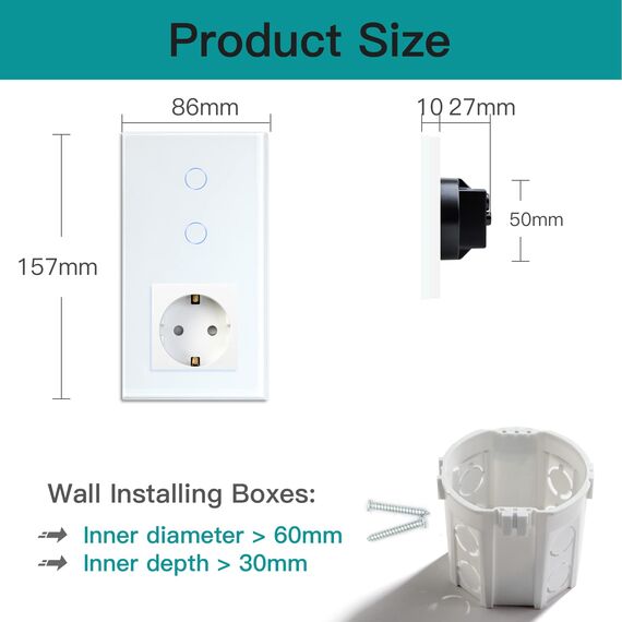 BSEED Touch Lichtschalter mit Steckdose aus Glas, Modern Steckdosen Unterputz, Wandschalter mit LED Hinterlicht (Kein Neutralleiter erforderlich), Kein WLAN, 157mm 2 Fach 2 Wege Weiß
