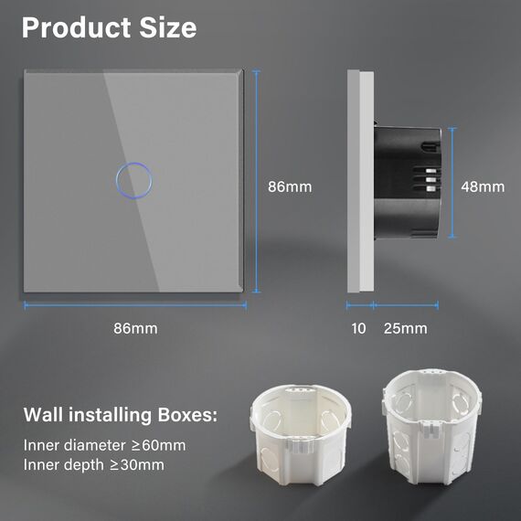 BSEED Touch Lichtschalter aus Glas, Modern Schalter Unterputz, Wandschalter mit LED Hinterlicht (Kein Neutralleiter erforderlich), KEIN WLAN, 86mm 1 Fach 1 Weg Grau, 2 Pack
