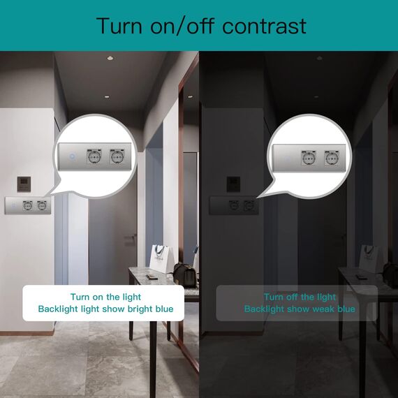 BSEED Touch Lichtschalter 1 Fach 1 Weg mit Doppelt USB C Steckdose aus Glas, Modern Steckdosen Wandschalter Unterputz (Kein Neutralleiter erforderlich), Kein WLAN, 228mm Grau