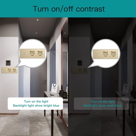 BSEED Touch Lichtschalter 1 Fach 2 Wege mit Doppelt USB C Steckdose aus Glas, Modern Steckdosen Wandschalter Unterputz (Kein Neutralleiter erforderlich), Kein WLAN, 228mm Gold