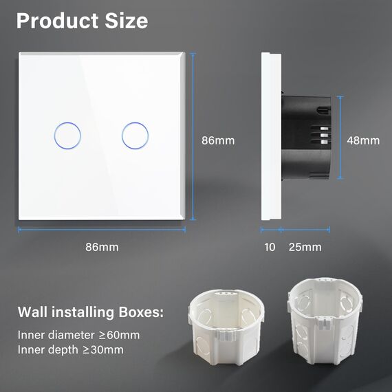 BSEED Touch Lichtschalter aus Glas, Modern Schalter Unterputz, Wandschalter mit LED Hinterlicht (Kein Neutralleiter erforderlich), KEIN WLAN, 86mm 2 Fach 1 Weg Weiß