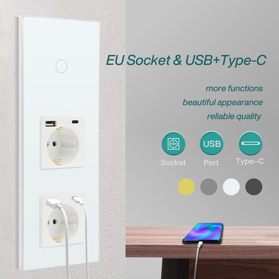 BSEED Touch Lichtschalter 1 Fach 1 Weg mit Doppelt USB C Steckdose aus Glas, Modern Steckdosen Wandschalter Unterputz (Kein Neutralleiter erforderlich), Kein WLAN, 228mm Weiß