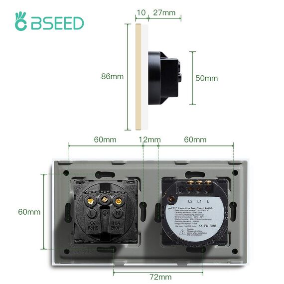 BSEED Touch Lichtschalter mit Steckdose aus Glas, Modern Steckdosen Unterputz, Wandschalter mit LED Hinterlicht (Kein Neutralleiter erforderlich), Kein WLAN, 157mm 2 Fach 2 Wege Gold