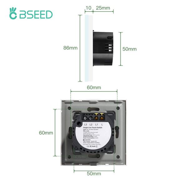 BSEED Touch Lichtschalter aus Glas, Modern Schalter Unterputz, Wandschalter mit LED Hinterlicht (Kein Neutralleiter erforderlich), KEIN WLAN, 86mm 1 Fach 1 Weg Weiß, 2 Pack