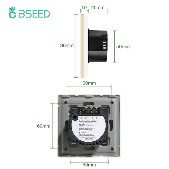 BSEED Touch Lichtschalter aus Glas, Modern Schalter Unterputz, Wandschalter mit LED Hinterlicht (Kein Neutralleiter erforderlich), KEIN WLAN, 86mm 1 Fach 1 Weg Grau, 2 Pack