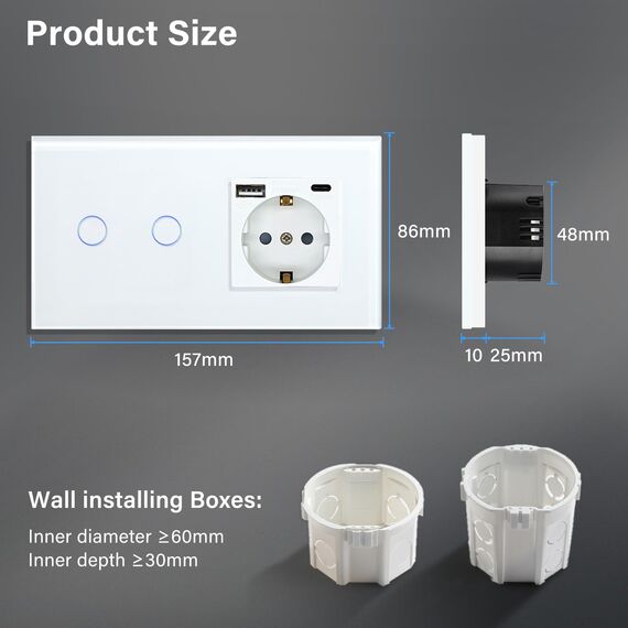 BSEED Touch Lichtschalter mit Steckdose USB C aus Glas, Modern Steckdosen Unterputz, Wandschalter mit LED Hinterlicht (Kein Neutralleiter erforderlich), Kein WLAN, 157mm 2 Fach 2 Wege Weiß