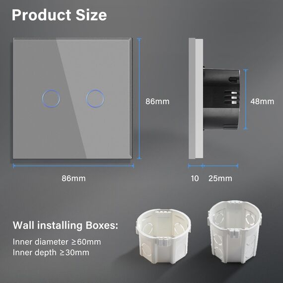 BSEED Touch Lichtschalter aus Glas, Modern Schalter Unterputz, Wandschalter mit LED Hinterlicht (Kein Neutralleiter erforderlich), KEIN WLAN, 86mm 2 Fach 1 Weg Grau