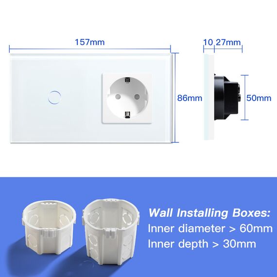 BSEED Touch Lichtschalter mit Steckdose aus Glas, Modern Steckdosen Unterputz, Wandschalter mit LED Hinterlicht (Kein Neutralleiter erforderlich), Kein WLAN, 157mm 1 Fach 2 Wege Weiß