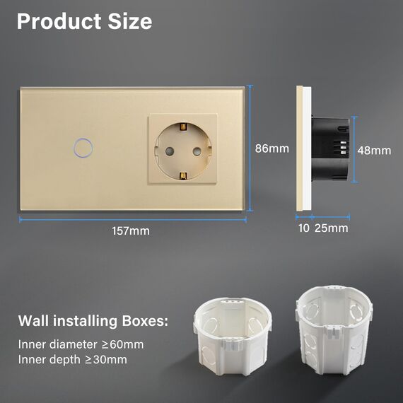 BSEED Touch Lichtschalter mit Steckdose aus Glas, Modern Steckdosen Unterputz, Wandschalter mit LED Hinterlicht (Kein Neutralleiter erforderlich), Kein WLAN, 157mm 1 Fach 1 Weg Gold