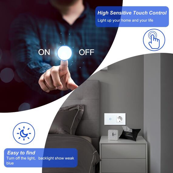 BSEED Touch Lichtschalter mit Steckdose aus Glas, Modern Steckdosen Unterputz, Wandschalter mit LED Hinterlicht (Kein Neutralleiter erforderlich), Kein WLAN, 157mm 1 Fach 2 Wege Weiß