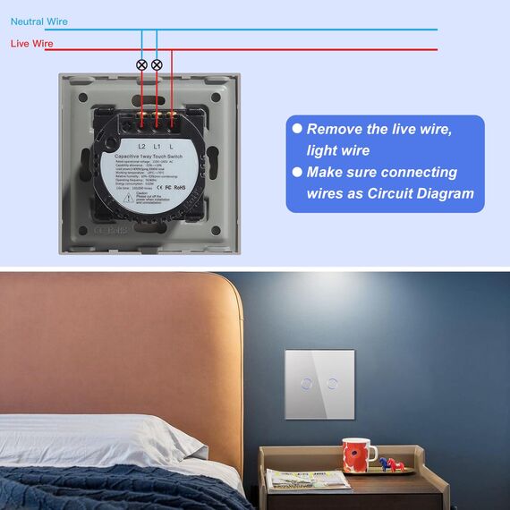 BSEED Normal Touch Schalter Standard Hohe Energie Glas Berührung Wandlichtschalter 110V - 240V Gehärtete Kristallplatte mit LED Hintergrundbeleuchtung 2 Fach 2 Weg Grau