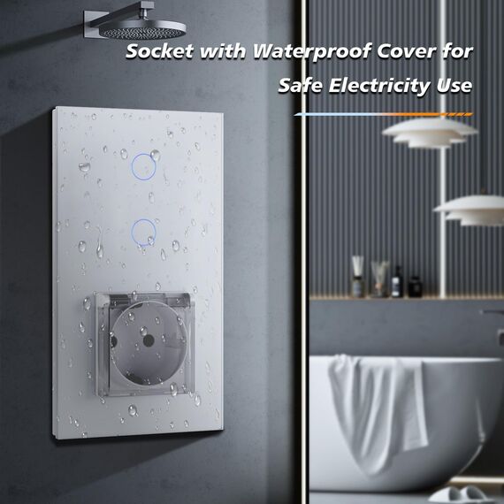 BSEED Lichtschalter mit Steckdose, Glas Wandsteckdose mit Wasserdichter Abdeckung, (Kein Neutralleiter erforderlich), Kein WLAN, 2 Fach 1 Weg, 157mm Weiß