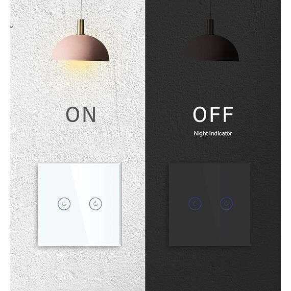 BSEED Touch-Schalter, 2 Gang, 1 Wege, allgemeiner Schalter mit Touch-Steuerung, Wandschalter mit Touch-Steuerung, mit LED-Anzeige und Glaspanel, 110 V-240 V, Weiß, 2 Pakete