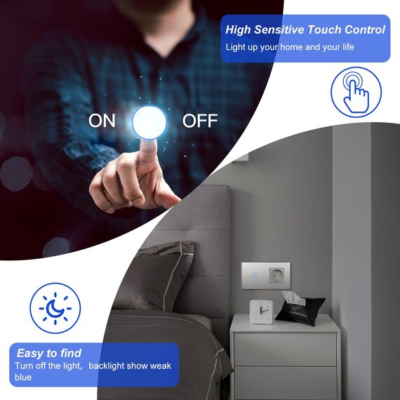 BSEED Touch Lichtschalter mit Steckdose aus Glas, Modern Steckdosen Unterputz, Wandschalter mit LED Hinterlicht (Kein Neutralleiter erforderlich), Kein WLAN, 157mm 1 Fach 2 Wege Grau
