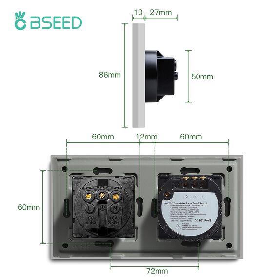 BSEED Touch Lichtschalter mit Steckdose aus Glas, Modern Steckdosen Unterputz, Wandschalter mit LED Hinterlicht (Kein Neutralleiter erforderlich), Kein WLAN, 157mm 2 Fach 2 Wege Grau