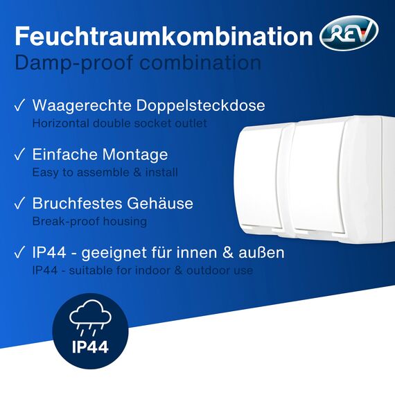 REV AquaForm, Doppelsteckdose-Feuchtraumsteckdose, IP44, einpolig, Aufputz, weiß