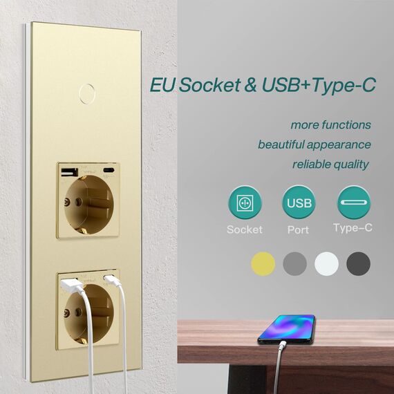 BSEED Touch Lichtschalter 1 Fach 2 Wege mit Doppelt USB C Steckdose aus Glas, Modern Steckdosen Wandschalter Unterputz (Kein Neutralleiter erforderlich), Kein WLAN, 228mm Gold