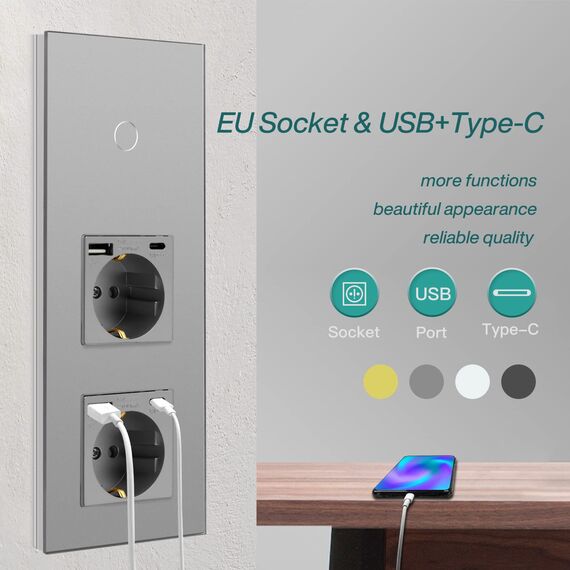 BSEED Touch Lichtschalter 1 Fach 2 Wege mit Doppelt USB C Steckdose aus Glas, Modern Steckdosen Wandschalter Unterputz (Kein Neutralleiter erforderlich), Kein WLAN, 228mm Grau