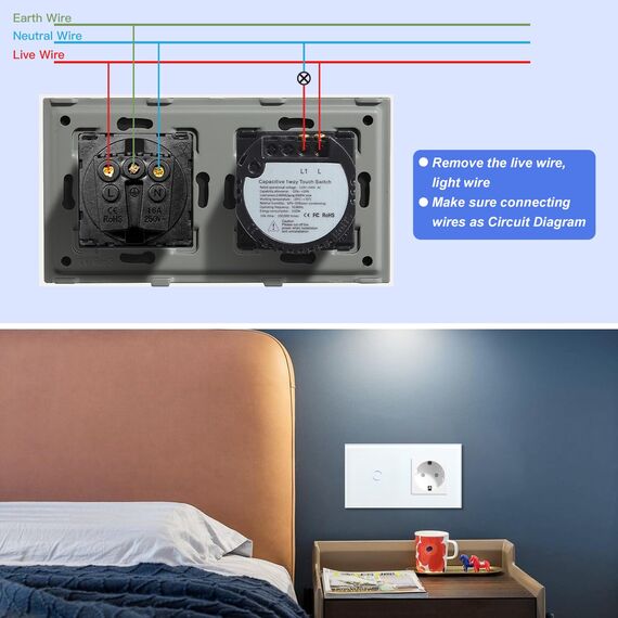 BSEED Touch Lichtschalter mit Steckdose aus Glas, Modern Steckdosen Unterputz, Wandschalter mit LED Hinterlicht (Kein Neutralleiter erforderlich), Kein WLAN, 157mm 1 Fach 2 Wege Weiß