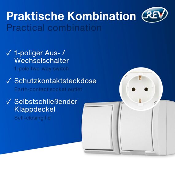 REV AquaForm, Lichtschalter mit Steckdose, IP44, einpolig, Aufputz, weiß