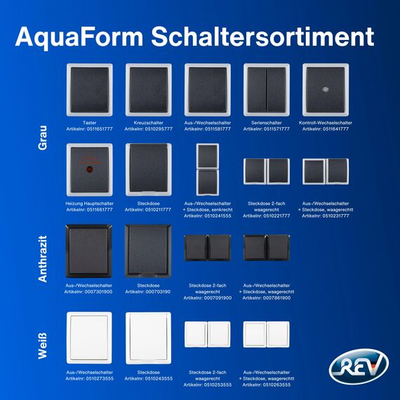 REV AquaForm, Lichtschalter mit Steckdose, IP44, einpolig, Aufputz, weiß