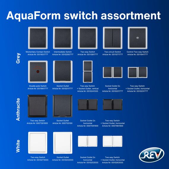 REV AquaForm, Lichtschalter mit Steckdose, IP44, einpolig, Aufputz, weiß