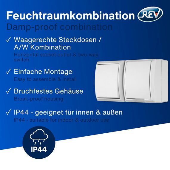 REV AquaForm, Lichtschalter mit Steckdose, IP44, einpolig, Aufputz, weiß
