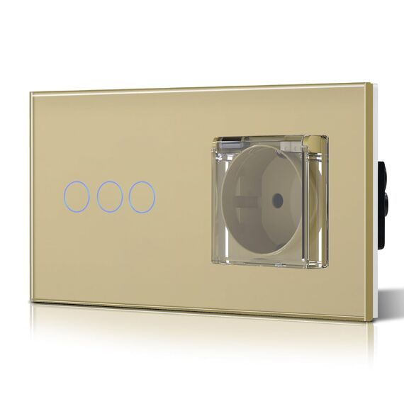 BSEED Lichtschalter mit Steckdose, Glas Wandsteckdose mit Wasserdichter Abdeckung, (Kein Neutralleiter erforderlich), Kein WLAN, 3 Fach 1 Weg, 157mm Gold