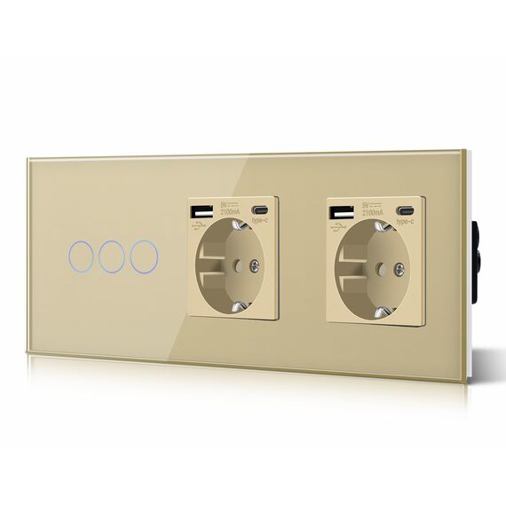 BSEED Touch Lichtschalter 3 Fach 2 Wege mit Doppelt USB C Steckdose aus Glas, Modern Steckdosen Wandschalter Unterputz (Kein Neutralleiter erforderlich), Kein WLAN, 228mm Gold