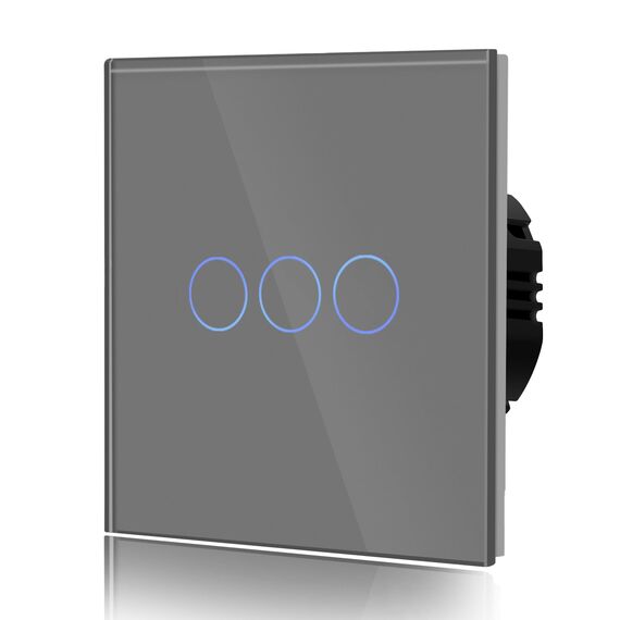 BSEED Touch Lichtschalter Glas Berührung Wandlichtschalter Standard 110V - 240V Gehärtete Kristallplatte mit LED Hintergrundbeleuchtung 3 Fach 1 Weg Grau