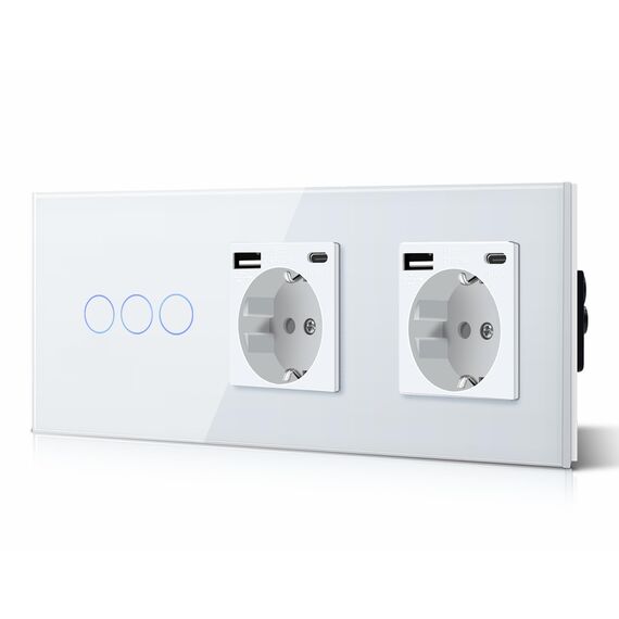 BSEED Touch Lichtschalter 3 Fach 2 Wege mit Doppelt USB C Steckdose aus Glas, Modern Steckdosen Wandschalter Unterputz (Kein Neutralleiter erforderlich), Kein WLAN, 228mm Weiß