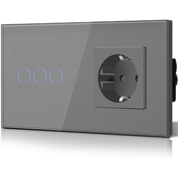 BSEED Lichtschalter mit Schuko Steckdose Glas, unterputz, 16 Amp CEE steckdosentresor, 3 Fach 1 Weg Touch Wandleuchtenschalter Grau, Flacher wechselschalter, Modern, Wasserdicht Innenschalter