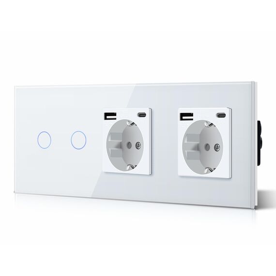 BSEED Touch Lichtschalter 2 Fach 2 Wege mit Doppelt USB C Steckdose aus Glas, Modern Steckdosen Wandschalter Unterputz (Kein Neutralleiter erforderlich), Kein WLAN, 228mm Weiß