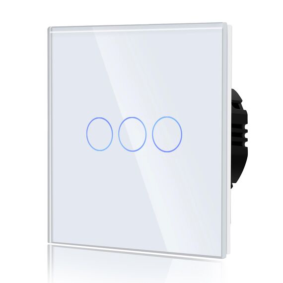 BSEED Touch Lichtschalter aus Glas, Modern Schalter Unterputz, Wandschalter mit LED Hinterlicht (Kein Neutralleiter erforderlich), KEIN WLAN, 86mm 3 Fach 1 Weg Weiß