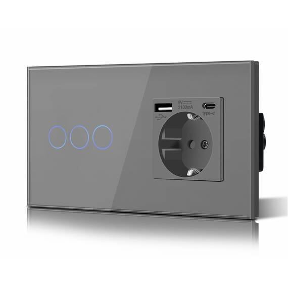 BSEED Touch Lichtschalter mit Steckdose USB C aus Glas, Modern Steckdosen Unterputz, Wandschalter mit LED Hinterlicht (Kein Neutralleiter erforderlich), Kein WLAN, 157mm 3 Fach 1 Weg Grau