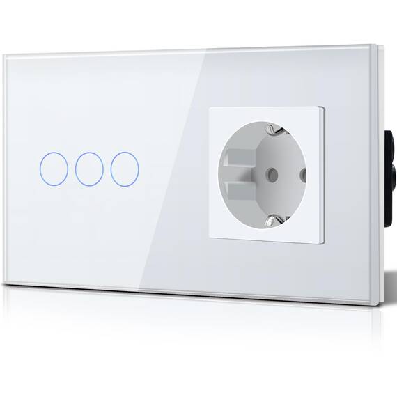 BSEED Lichtschalter mit Schuko Steckdose Glas, unterputz, 16 Amp CEE steckdosentresor, 3 Fach 1 Weg Touch Wandleuchtenschalter Weiss, Flacher wechselschalter, Modern, Wasserdicht Innenschalter