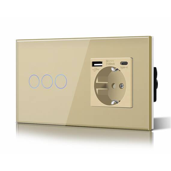 BSEED Touch Lichtschalter mit Steckdose USB C aus Glas, Modern Steckdosen Unterputz, Wandschalter mit LED Hinterlicht (Kein Neutralleiter erforderlich), Kein WLAN, 157mm 3 Fach 1 Weg Gold