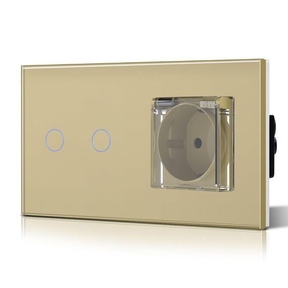 BSEED Lichtschalter mit Steckdose, Glas Wandsteckdose mit Wasserdichter Abdeckung, (Kein Neutralleiter erforderlich), Kein WLAN, 2 Fach 2 Wege, 157mm Gold