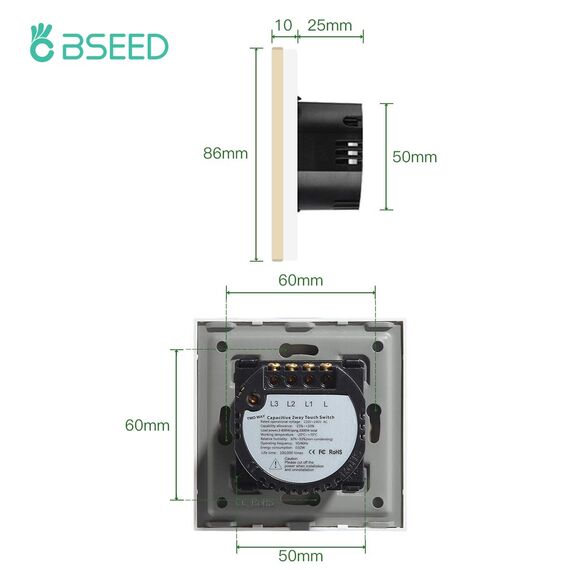 BSEED 2er Pack Normal Touch Lichtschalter, Glas Berührung Wandlichtschalter 110V - 240V 10 Amp Gehärtete Kristallplatte mit LED Lampe Hintergrundbeleuchtung 3 Fach 2 Weg Gold