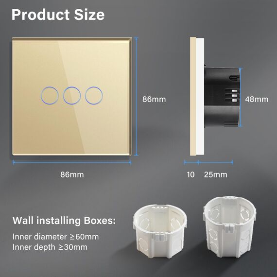 BSEED Touch Lichtschalter aus Glas, Modern Schalter Unterputz, Wandschalter mit LED Hinterlicht (Kein Neutralleiter erforderlich), KEIN WLAN, 86mm 3 Fach 1 Weg Gold