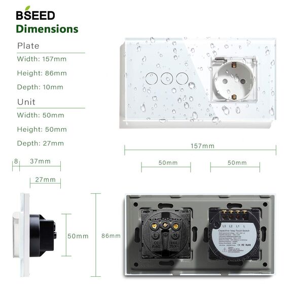 BSEED Lichtschalter mit Steckdose, Glas Wandsteckdose mit Wasserdichter Abdeckung, (Kein Neutralleiter erforderlich), Kein WLAN, 3 Fach 2 Wege, 157mm Weiß