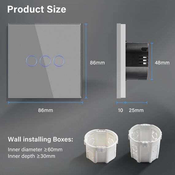 BSEED Touch Lichtschalter aus Glas, Modern Schalter Unterputz, Wandschalter mit LED Hinterlicht (Kein Neutralleiter erforderlich), KEIN WLAN, 86mm 3 Fach 2 Wege Grau, 2 Pack