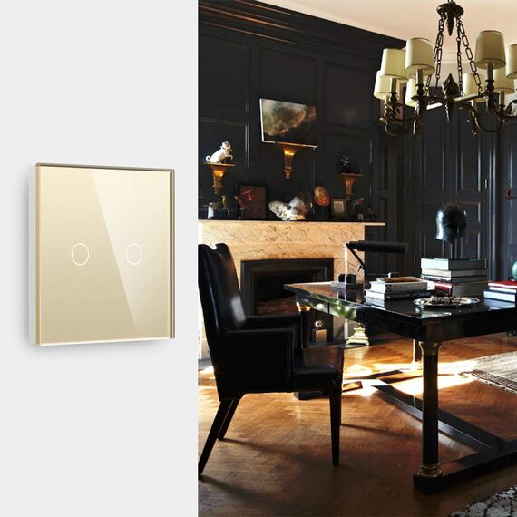 BSEED 2er Pack Normal Touch Lichtschalter, Glas Berührung Wandlichtschalter 110V - 240V 10 Amp Gehärtete Kristallplatte mit LED Lampe Hintergrundbeleuchtung 2 Fach 2 Weg Gold